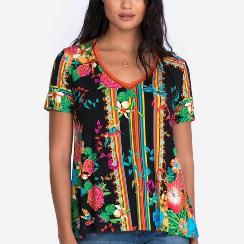 Johnny Was Andra Favorite Short Sleeve  V-Neck Swing Tee  Size: Large